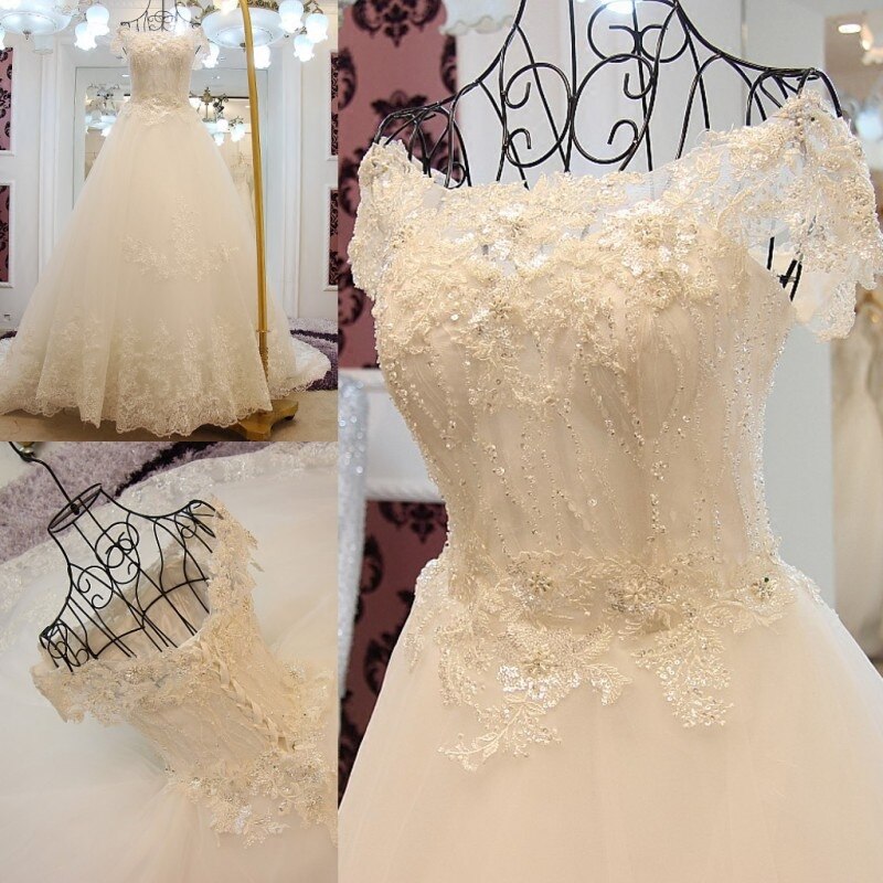 Custom Made Tulle Lace Beading Sequins Vintage A line Ivory Wedding Dress 2019 Vestido De Novia QUEEN BRIDAL Dress GW6