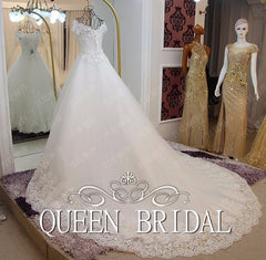 Custom Made Tulle Lace Beading Sequins Vintage A line Ivory Wedding Dress 2019 Vestido De Novia QUEEN BRIDAL Dress GW6