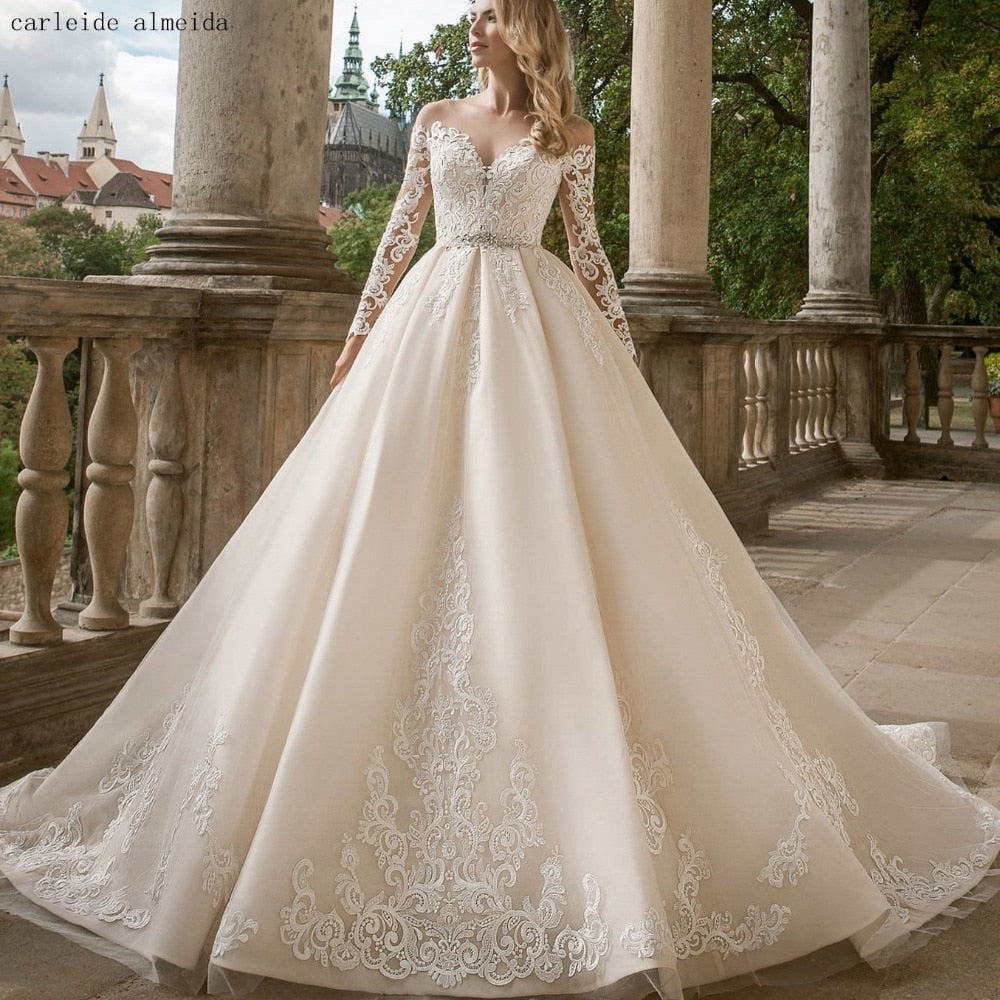Vestido de noiva Long Sleeves Princess Wedding Dress 2019 Lace Appliques Wedding Gowns Crystal Belt Abiti da sposa