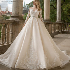 Vestido de noiva Long Sleeves Princess Wedding Dress 2019 Lace Appliques Wedding Gowns Crystal Belt Abiti da sposa
