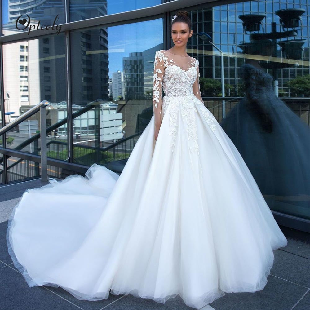 Optcely High Quality Elegant Ball Gown O-Neck Long Sleeve Wedding Dress 2019 Appliques Beaded Court Train Bridal Gown Customized