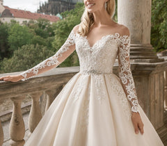 Vestido de noiva Long Sleeves Princess Wedding Dress 2019 Lace Appliques Wedding Gowns Crystal Belt Abiti da sposa