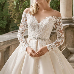 Vestido de noiva Long Sleeves Princess Wedding Dress 2019 Lace Appliques Wedding Gowns Crystal Belt Abiti da sposa