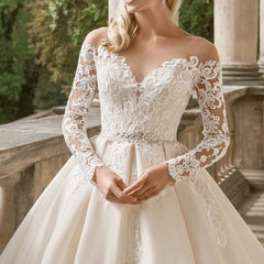 Vestido de noiva Long Sleeves Princess Wedding Dress 2019 Lace Appliques Wedding Gowns Crystal Belt Abiti da sposa