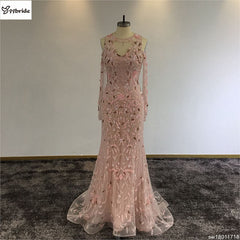 Surmount Pink Crystals Beading Dresses O-Neck Off the Shoulder Long Sleeves Pink Mermaid Illusion Court Train Evening Dresses