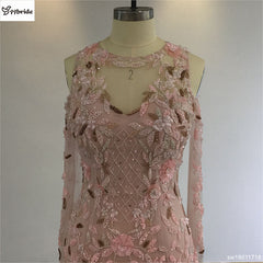 Surmount Pink Crystals Beading Dresses O-Neck Off the Shoulder Long Sleeves Pink Mermaid Illusion Court Train Evening Dresses
