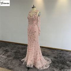 Surmount Pink Crystals Beading Dresses O-Neck Off the Shoulder Long Sleeves Pink Mermaid Illusion Court Train Evening Dresses