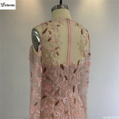 Surmount Pink Crystals Beading Dresses O-Neck Off the Shoulder Long Sleeves Pink Mermaid Illusion Court Train Evening Dresses