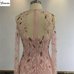 Surmount Pink Crystals Beading Dresses O-Neck Off the Shoulder Long Sleeves Pink Mermaid Illusion Court Train Evening Dresses