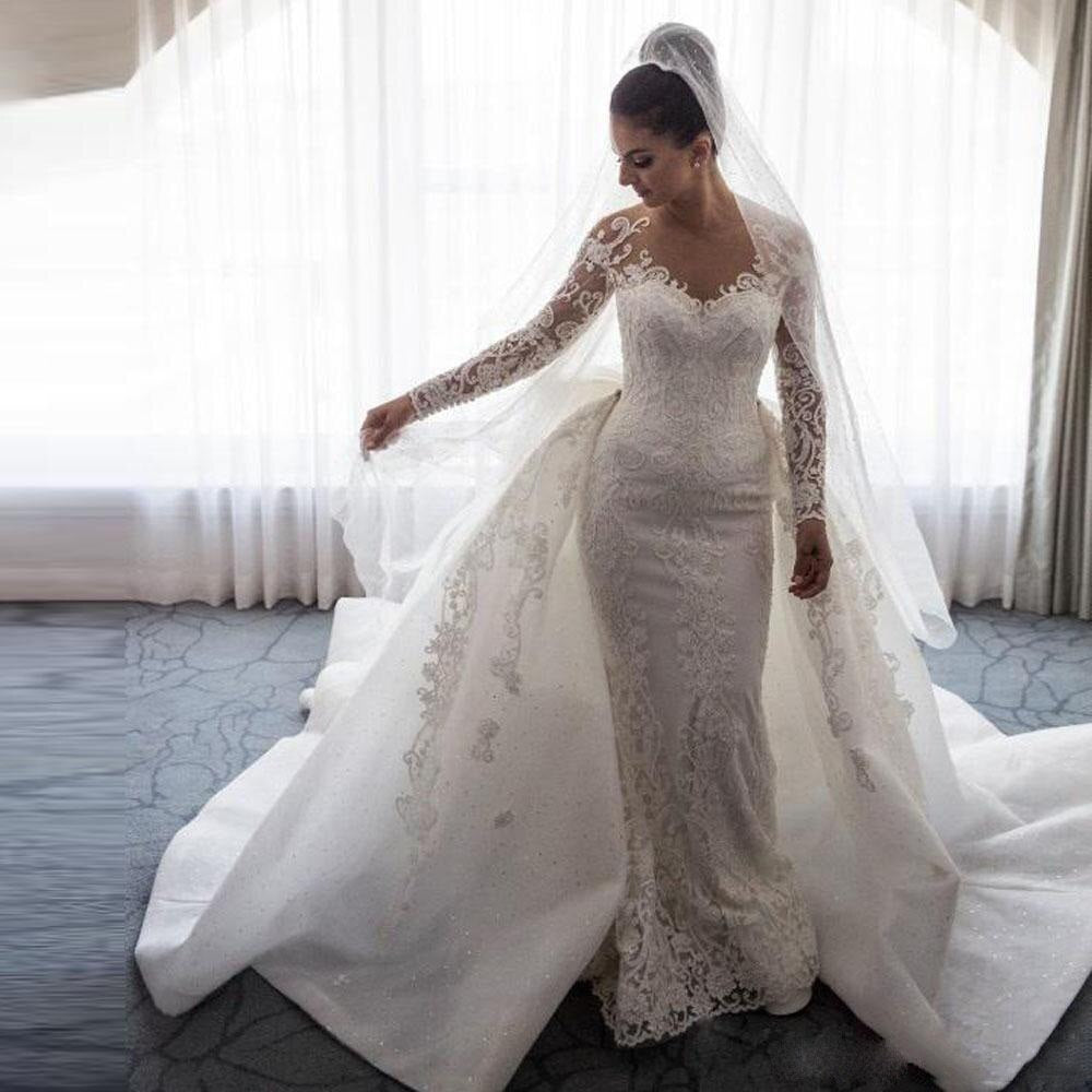 Detachable Train Mermaid Long Sleeve Tulle Lace Beading Appliques Sexy Luxury Wedding Dresses Formal Bridal Gown SV04