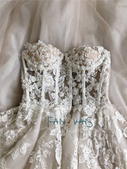 Boho Wedding Dress 2019 Sweetheart A-Line Crystal Beaded Lace Wedding Gown Long Train Beach Bridal Gown Vestido de Novia WN79