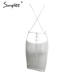 Simplee Sexy backless knitted summer dress robe Women hollow out bow slim bodycon dress Evening party club short dress vestidos