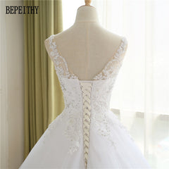 BEPEITHY 2017 Lace Appliques Vestido De Novia V-Neck A Line Beck Sweep Train Lace Wedding Dress Bridal Dresses Robe De Mariage
