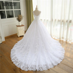 BEPEITHY 2017 Lace Appliques Vestido De Novia V-Neck A Line Beck Sweep Train Lace Wedding Dress Bridal Dresses Robe De Mariage