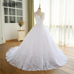BEPEITHY 2017 Lace Appliques Vestido De Novia V-Neck A Line Beck Sweep Train Lace Wedding Dress Bridal Dresses Robe De Mariage