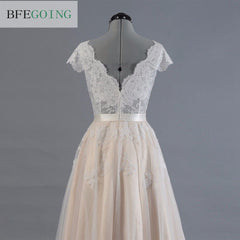 Vestido de novia Lace A-line Wedding dress Cap sleeve  V-back Bridal gown Lace with Tulle