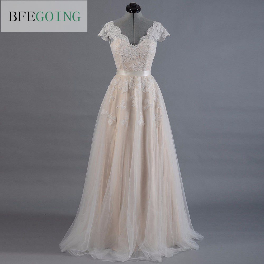 Vestido de novia Lace A-line Wedding dress Cap sleeve  V-back Bridal gown Lace with Tulle