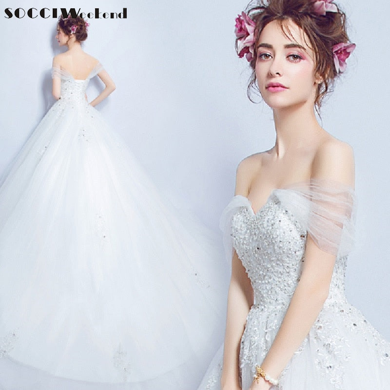 SOCCI Sexy Organza Tulle Lace Appliques Wedding Dress Cap Sleeve Sweetheart Princess Bride Dresses Pearls Crystal Beading gowns