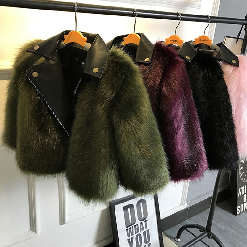 Girl fur Coat Jacket Imitation fox Artificial Fur Grass High Quality Plush+leather Fake Two Pieces Winter Kids  Clothes Warm Fur