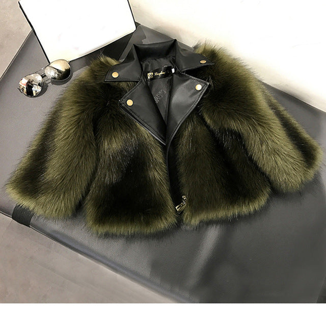 Girl fur Coat Jacket Imitation fox Artificial Fur Grass High Quality Plush+leather Fake Two Pieces Winter Kids  Clothes Warm Fur