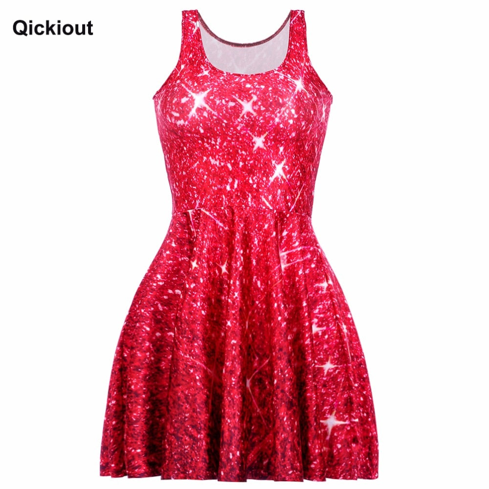 Qickitout Dress Hot Product New Women's Red Star shining Galaxy Dress Digital Printing SKATER DRESS Vestido Plus Size