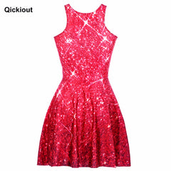Qickitout Dress Hot Product New Women's Red Star shining Galaxy Dress Digital Printing SKATER DRESS Vestido Plus Size