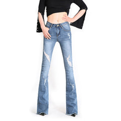 Free Shipping 2017 New Fashion Long Jeans Pants For Women Flare Trousers Plus Size 24-32 Size Denim Summer Jeans With Holes