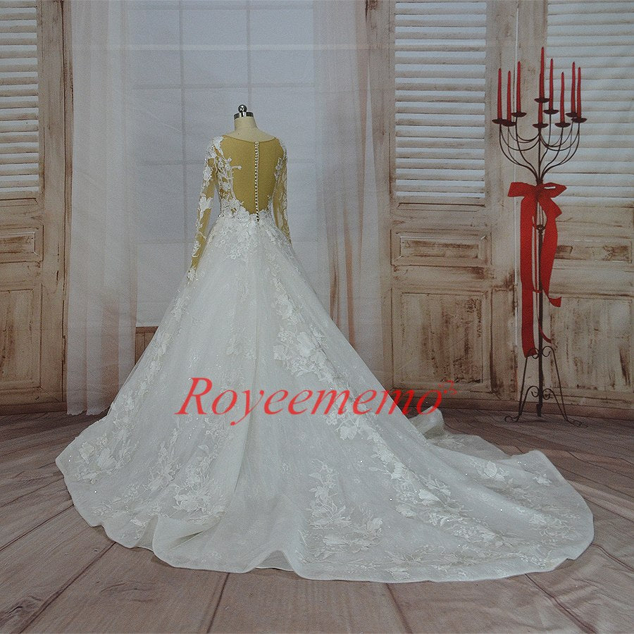 vestido de noiva hot sale nude tulle sexy transparent top Luxury lace Wedding Dress long sleeve Bridal gown wholesale price