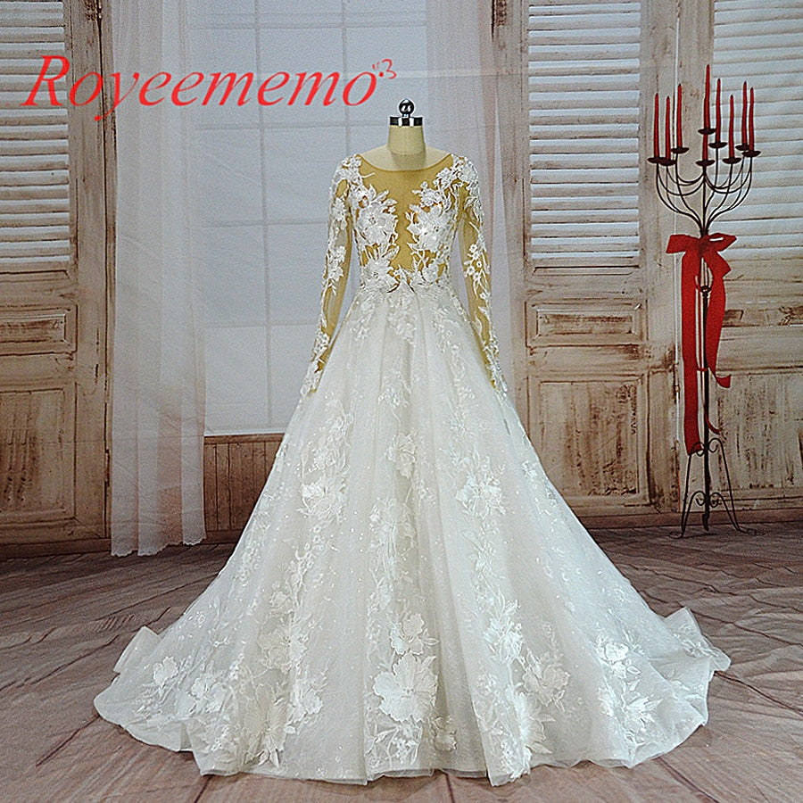vestido de noiva hot sale nude tulle sexy transparent top Luxury lace Wedding Dress long sleeve Bridal gown wholesale price