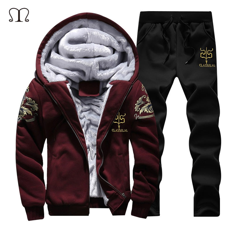 New Winter Men Set Fashion Brand Fleece Lined Thick Tracksuit + Pants Male Spring Warm Hooded Sporting Suit Mens Sportswear