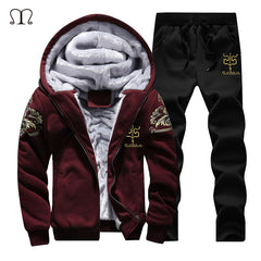 New Winter Men Set Fashion Brand Fleece Lined Thick Tracksuit + Pants Male Spring Warm Hooded Sporting Suit Mens Sportswear