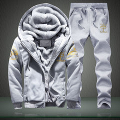 New Winter Men Set Fashion Brand Fleece Lined Thick Tracksuit + Pants Male Spring Warm Hooded Sporting Suit Mens Sportswear