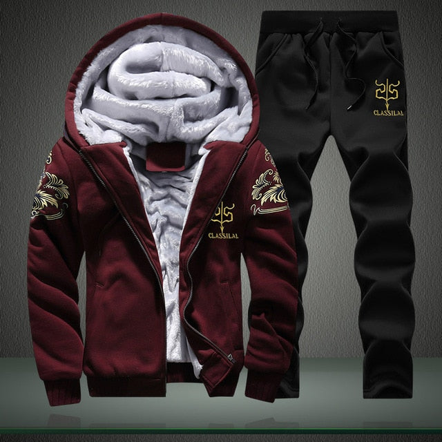 New Winter Men Set Fashion Brand Fleece Lined Thick Tracksuit + Pants Male Spring Warm Hooded Sporting Suit Mens Sportswear