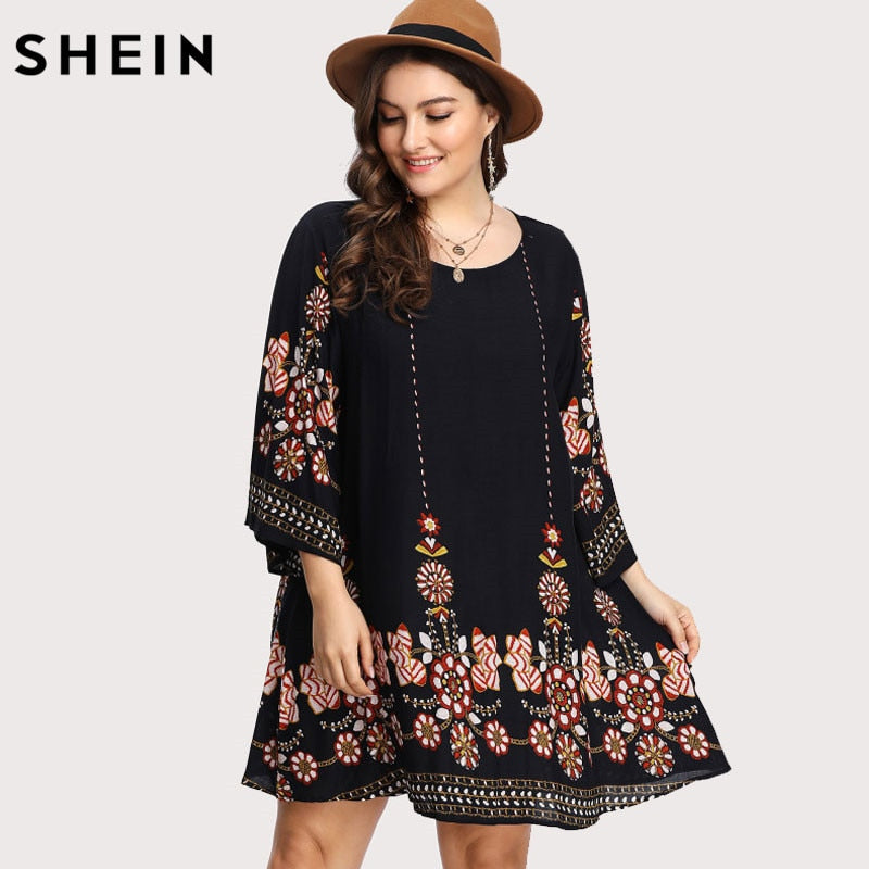 SHEIN Black Plus Size Floral Embroidery Tunic Dress Spring Summer Elegant Large Sizes Tribal Flower Print Vocation Dress