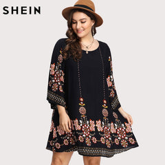SHEIN Black Plus Size Floral Embroidery Tunic Dress Spring Summer Elegant Large Sizes Tribal Flower Print Vocation Dress
