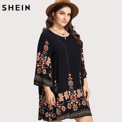 SHEIN Black Plus Size Floral Embroidery Tunic Dress Spring Summer Elegant Large Sizes Tribal Flower Print Vocation Dress