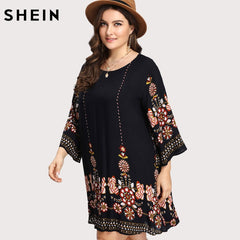 SHEIN Black Plus Size Floral Embroidery Tunic Dress Spring Summer Elegant Large Sizes Tribal Flower Print Vocation Dress
