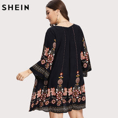 SHEIN Black Plus Size Floral Embroidery Tunic Dress Spring Summer Elegant Large Sizes Tribal Flower Print Vocation Dress