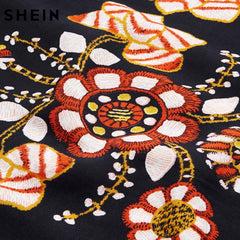 SHEIN Black Plus Size Floral Embroidery Tunic Dress Spring Summer Elegant Large Sizes Tribal Flower Print Vocation Dress