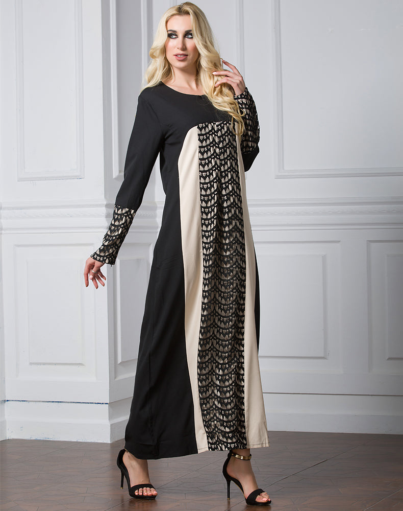 2018 Autumn Muslim Women Dress O Neck Long Sleeve Hollow Out Islamic Abaya Lace Dress Plus Size 7XL Patchwork Turkish Robe