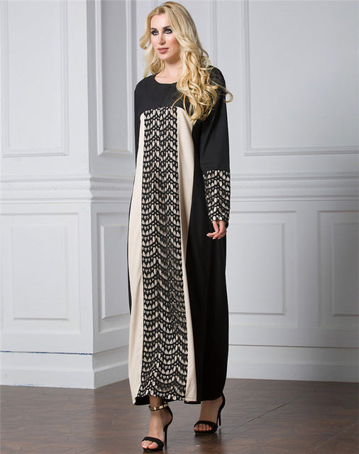 2018 Autumn Muslim Women Dress O Neck Long Sleeve Hollow Out Islamic Abaya Lace Dress Plus Size 7XL Patchwork Turkish Robe
