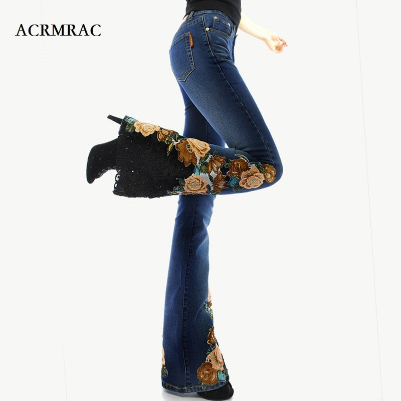 ACRMRAC woman embroidery Beads micro folk-custom Lace edge High waist Elasticity Slim Thin Flare Pants jeans Women