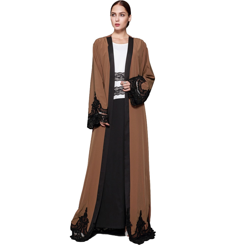 2018 New Fashion Women Muslim Cardigan Spliced Crochet Lace Long Wide Sleeve Islamic Abaya Maxi Dress Outwear Brown