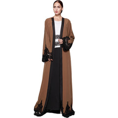 2018 New Fashion Women Muslim Cardigan Spliced Crochet Lace Long Wide Sleeve Islamic Abaya Maxi Dress Outwear Brown