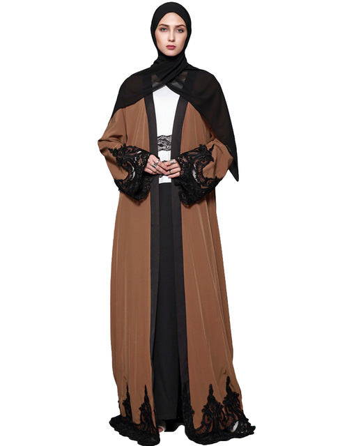 2018 New Fashion Women Muslim Cardigan Spliced Crochet Lace Long Wide Sleeve Islamic Abaya Maxi Dress Outwear Brown