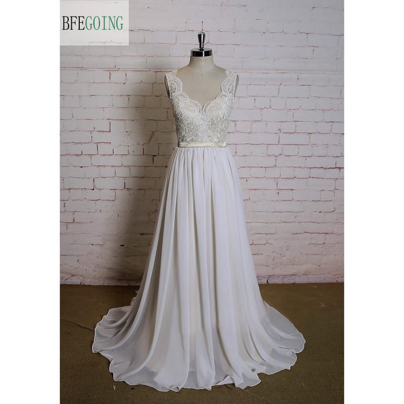 Ivory Lace Chiffon A-line Wedding Dress V-Neck Floor -Length Chapel Train Cap Sleeves  Real/Original Photos Custom made