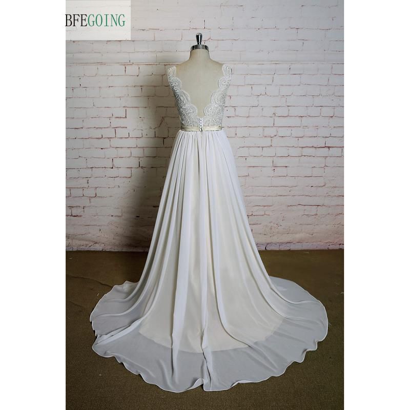 Ivory Lace Chiffon A-line Wedding Dress V-Neck Floor -Length Chapel Train Cap Sleeves  Real/Original Photos Custom made