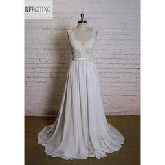 Ivory Lace Chiffon A-line Wedding Dress V-Neck Floor -Length Chapel Train Cap Sleeves  Real/Original Photos Custom made
