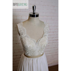 Ivory Lace Chiffon A-line Wedding Dress V-Neck Floor -Length Chapel Train Cap Sleeves  Real/Original Photos Custom made