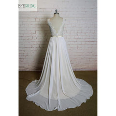 Ivory Lace Chiffon A-line Wedding Dress V-Neck Floor -Length Chapel Train Cap Sleeves  Real/Original Photos Custom made